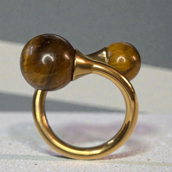 Designer Jewelry - 18k Gold Plated Chunky Genuine Tigers Eye Stone Bypass Ring